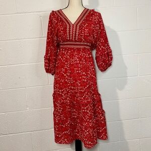 Max Studio Red Balloon Sleeve Tiered Floral Print dress